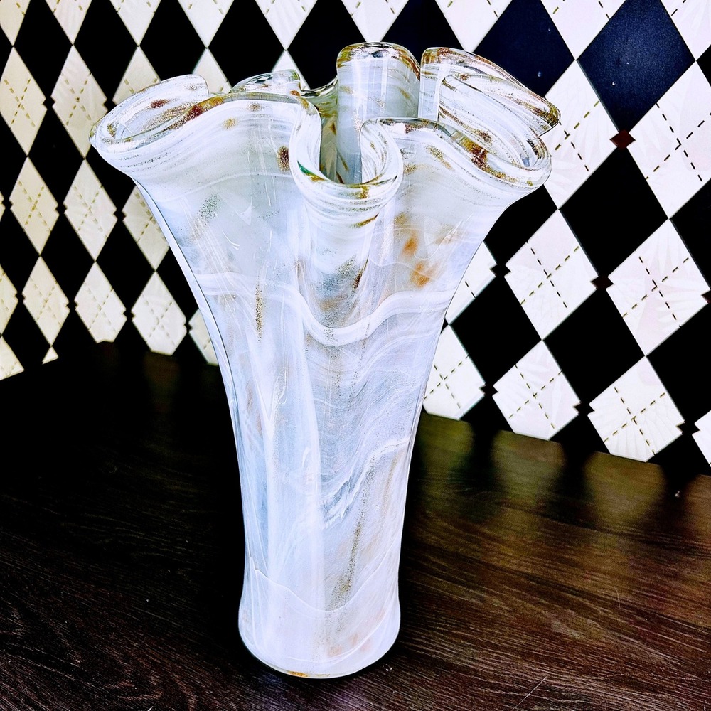 White Opaline Art Glass Vase 15" Ruffled Aventurine Statement - Picture 9 of 17